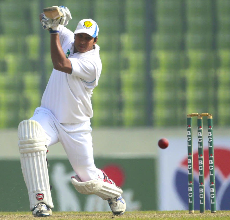 Sajedul Islam drives one through the off side