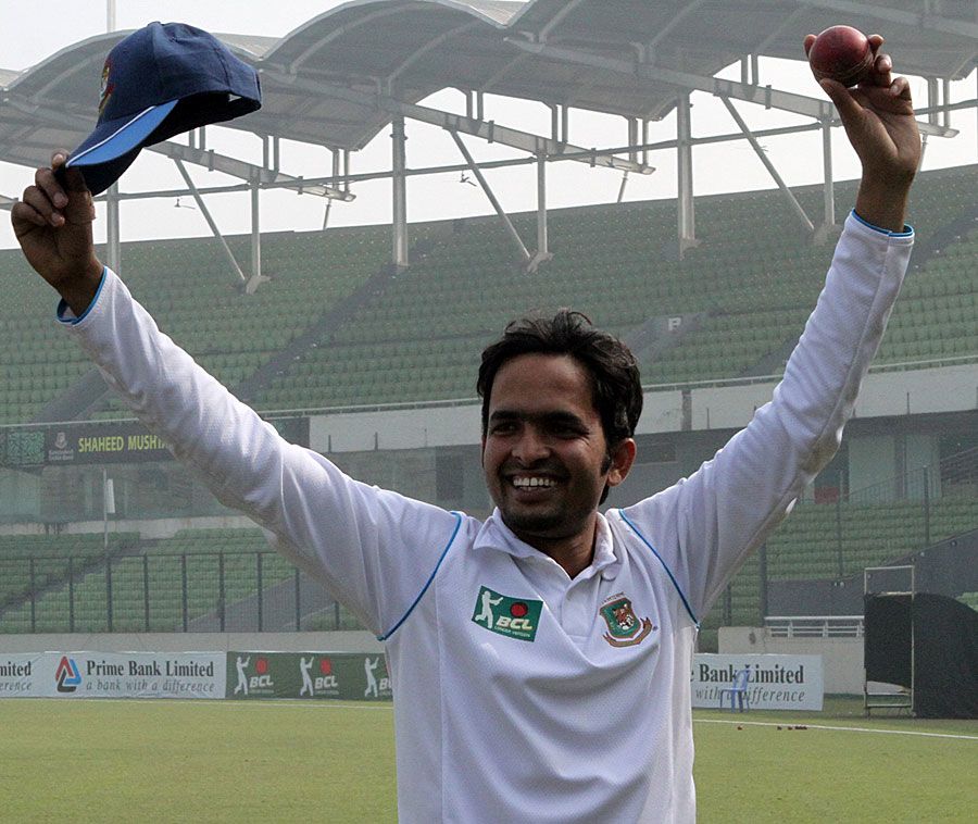 Saqlain Sajib acknowledges the cheers after taking a six-wicket haul