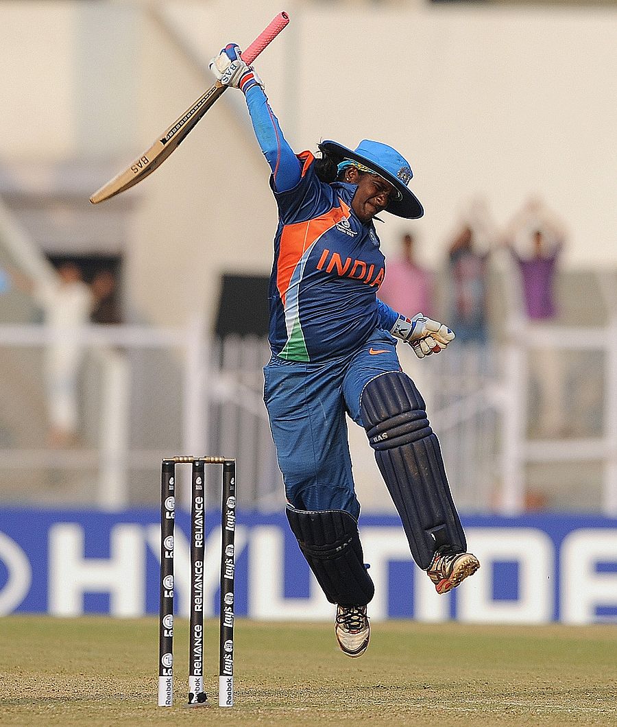 Thirush Kamini reacts after scoring her maiden century