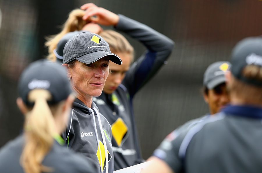 Australia women's coach Cathryn Fitzpatrick talks to the players