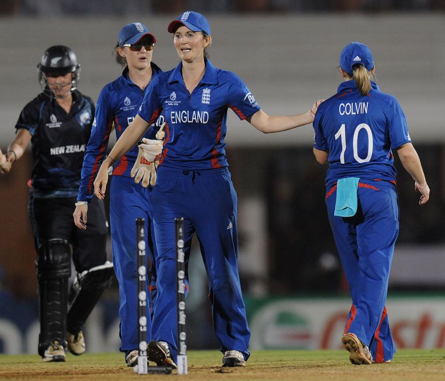Charlotte Edwards congratulates Holly Colvin after England's win