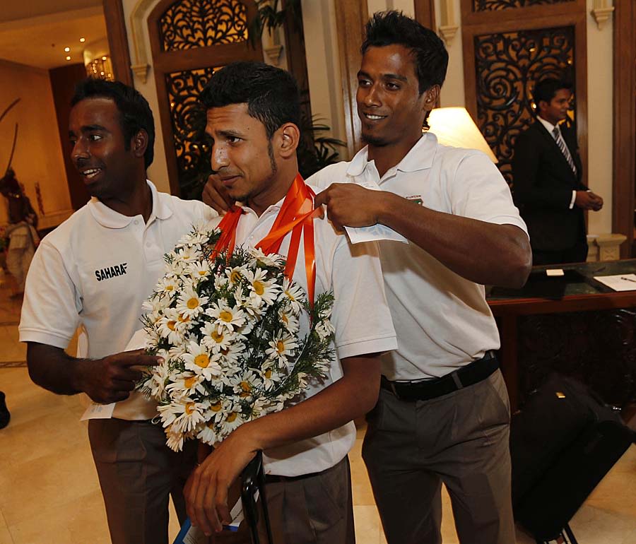 Bangladesh players share a light moment after arrival in Sri Lanka
