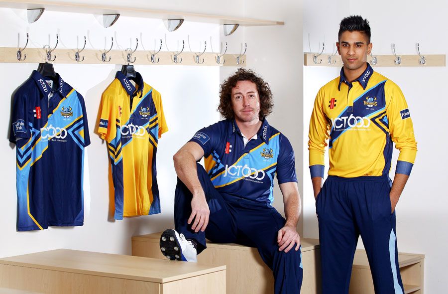 Ryan Sidebottom and Moin Ashraf pose in Yorkshire's new kit