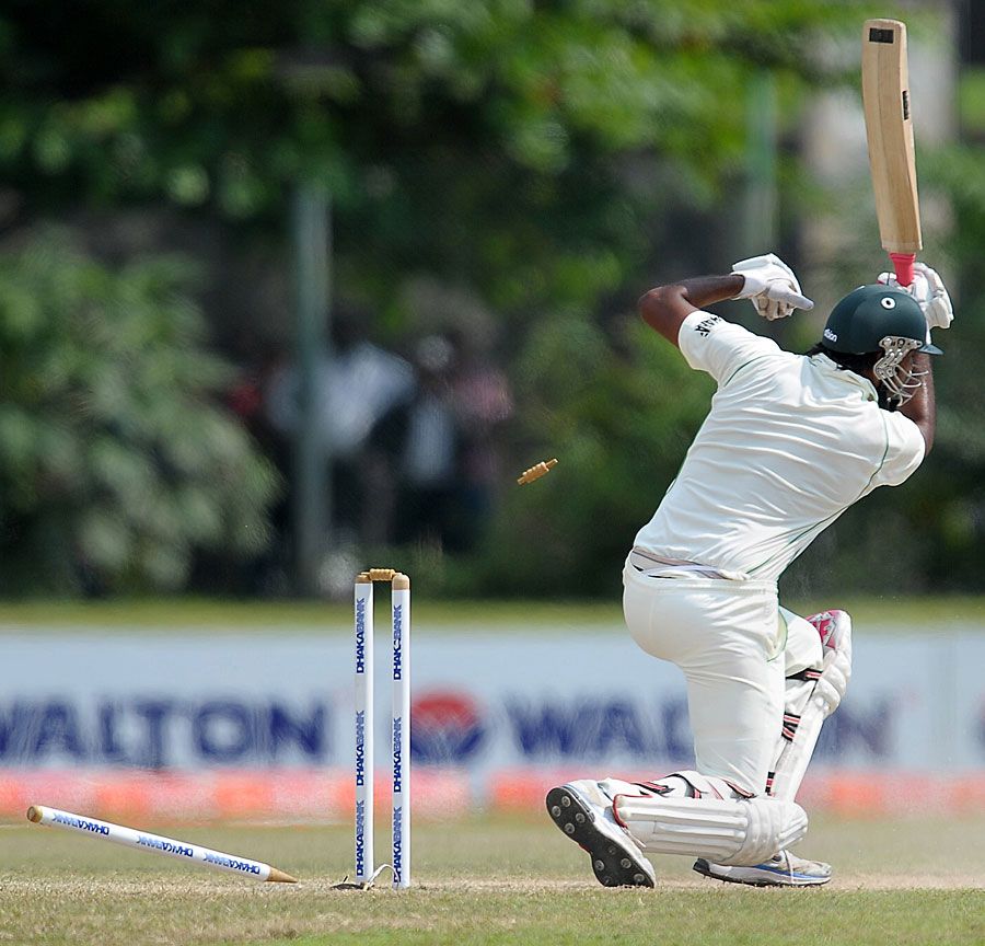 Shahadat Hossain loses his offstump to Shaminda Eranga