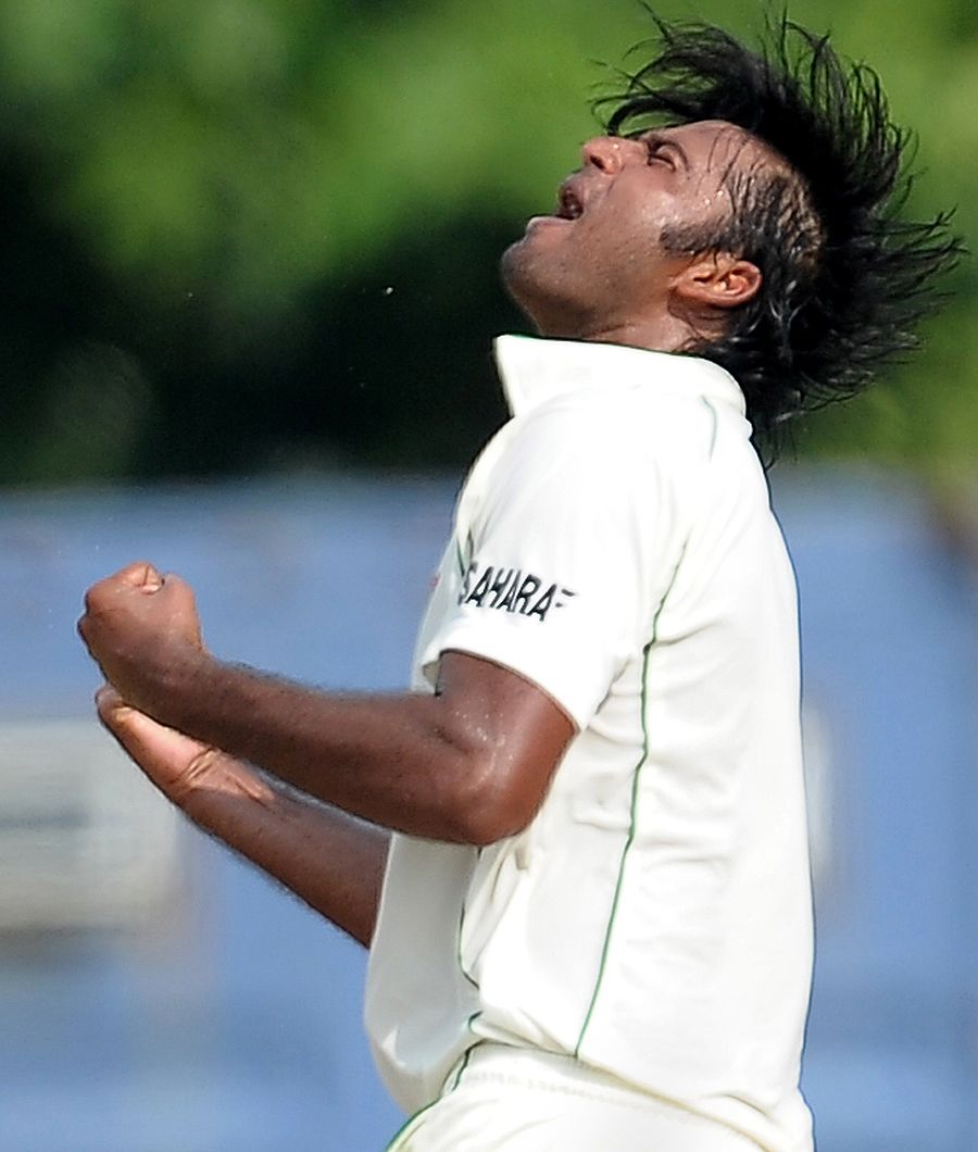 Shahdat Hossain reacts after getting opener Dimuth Karunaratne out