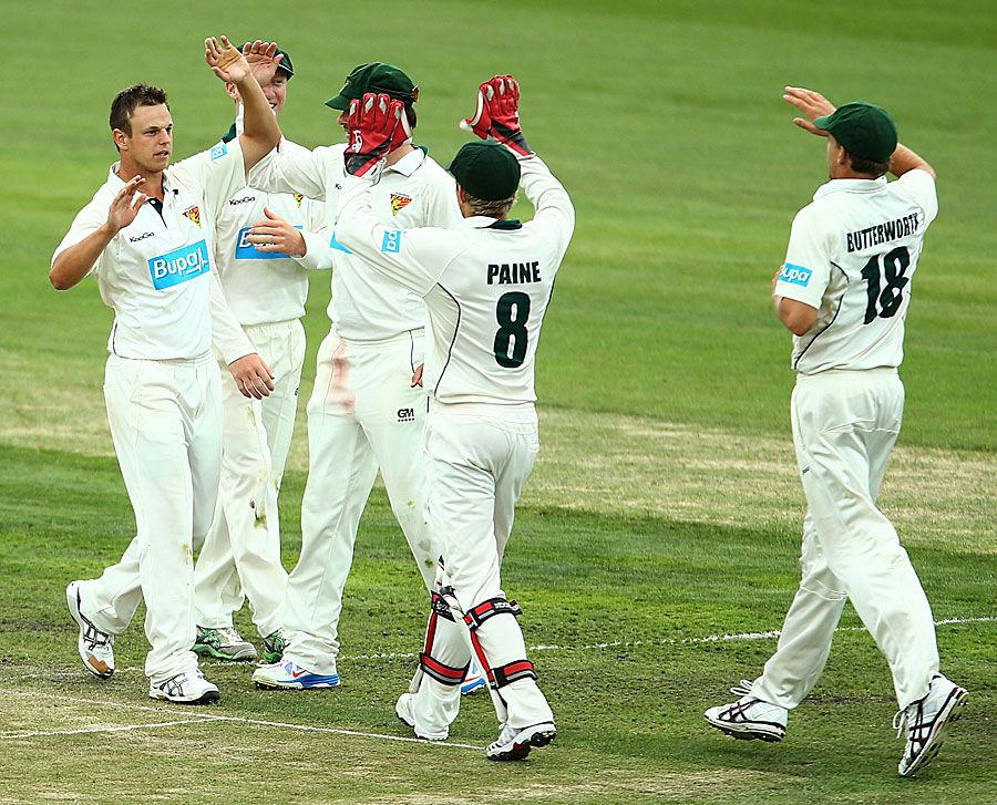 Evan Gulbis and his Tasmania team-mates celebrate a strike