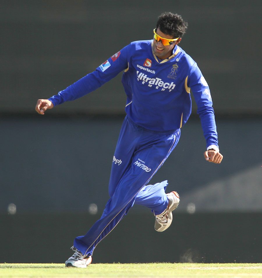 Ajit Chandila celebrates picking up a wicket