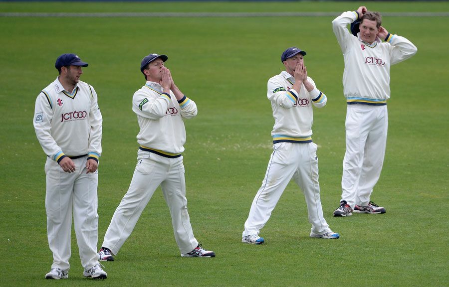 Tim Bresnan, Joe Sayers, Adam Lyth and Gary Ballance look on from the slips
