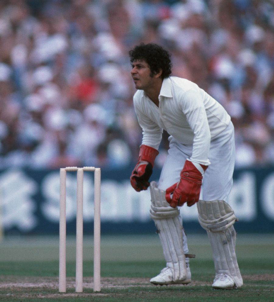 Wasim Bari waits for the ball to be fielded in