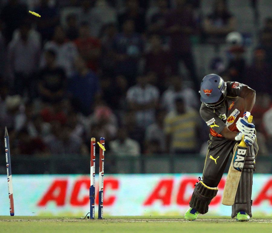 Biplab Samantray is bowled for a golden duck
