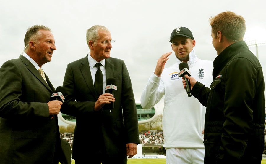James Anderson is interviewed with fellow 300-club members Ian Botham and Bob Willis