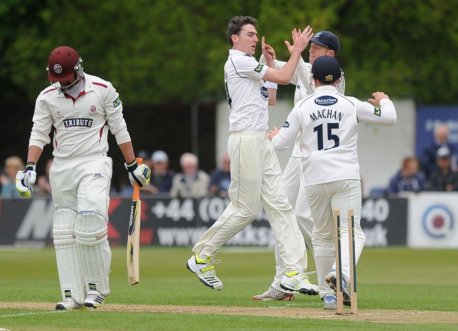 Steve Magoffin celebrates the wicket of Arul Suppiah