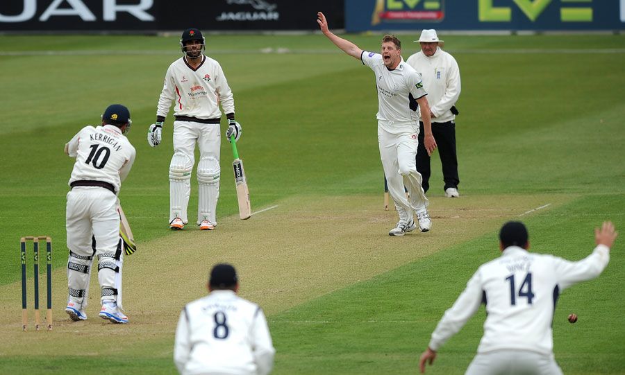 David Balcombe appeals unsuccessfully for the wicket of Simon Kerrigan