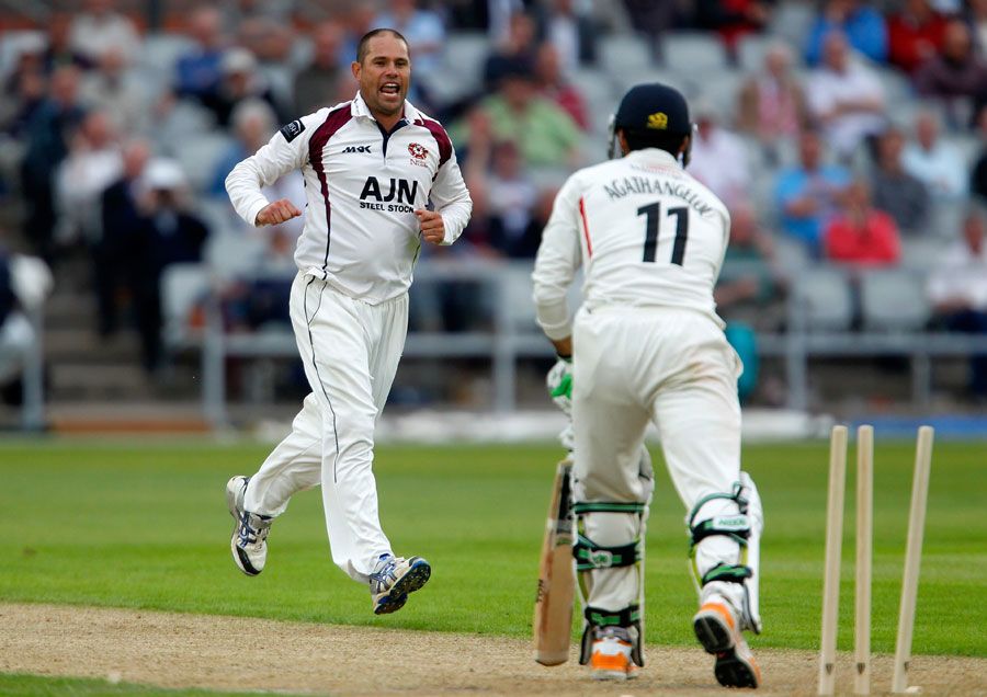 Andrew Hall celebrates bowling Andrea Agathangelou