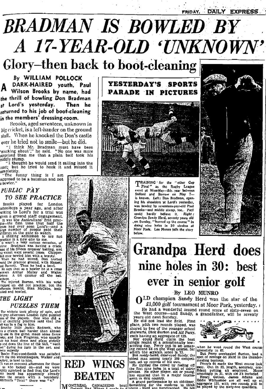 The <I>Daily Express</I> reports on Don Bradman being bowled by a schoolboy