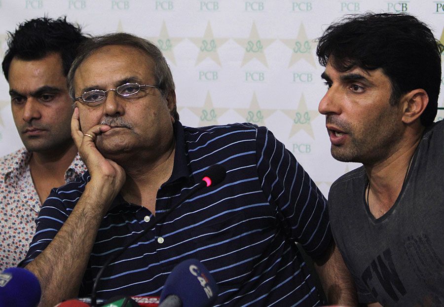 Mohammad Hafeez, Iqbal Qasim and Misbah-ul-Haq at the Pakistan squad announcement