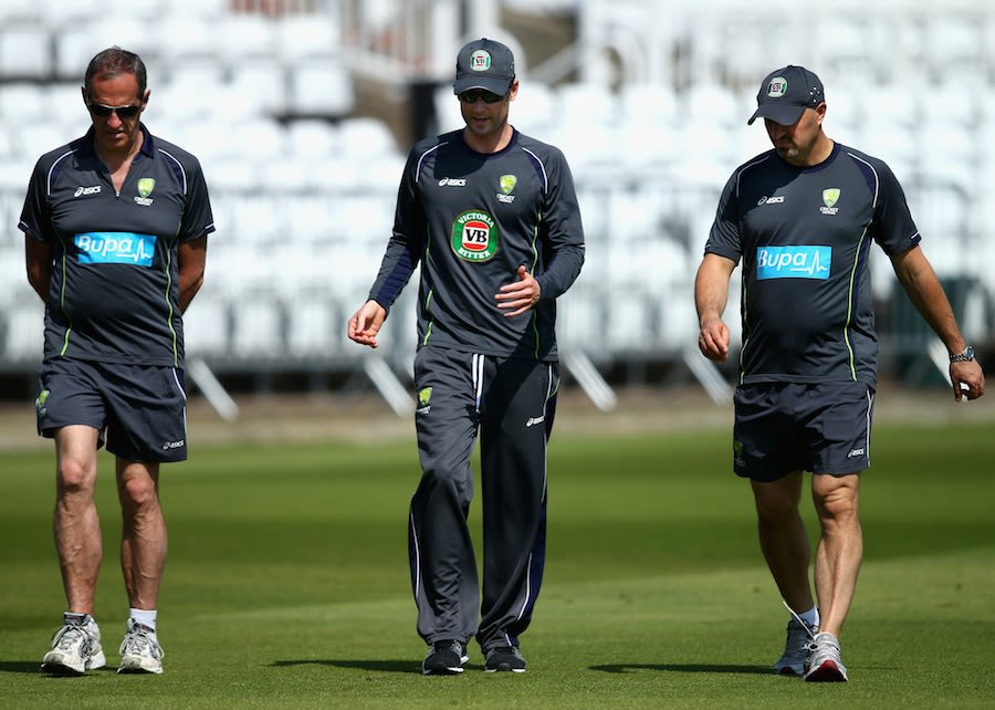 Michael Clarke with physiotherapist Alex Kontouris and team doctor Peter Brukner