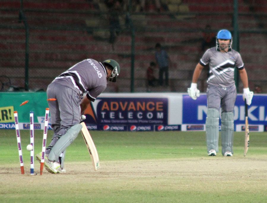 Shahzaib Hasan is bowled by Hussain Talat