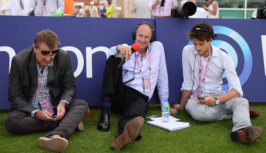 <i>Test Match Special</i>'s Phil Tufnell, Jonathan Agnew and Henry Moeran (from left) sit by the boundary