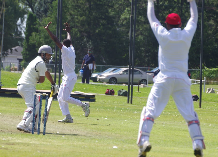Jeremy Gordon dismisses Mohammad Naveed to complete his hat-trick