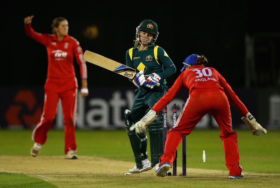 Jodie Fields is bowled by Jenny Gunn
