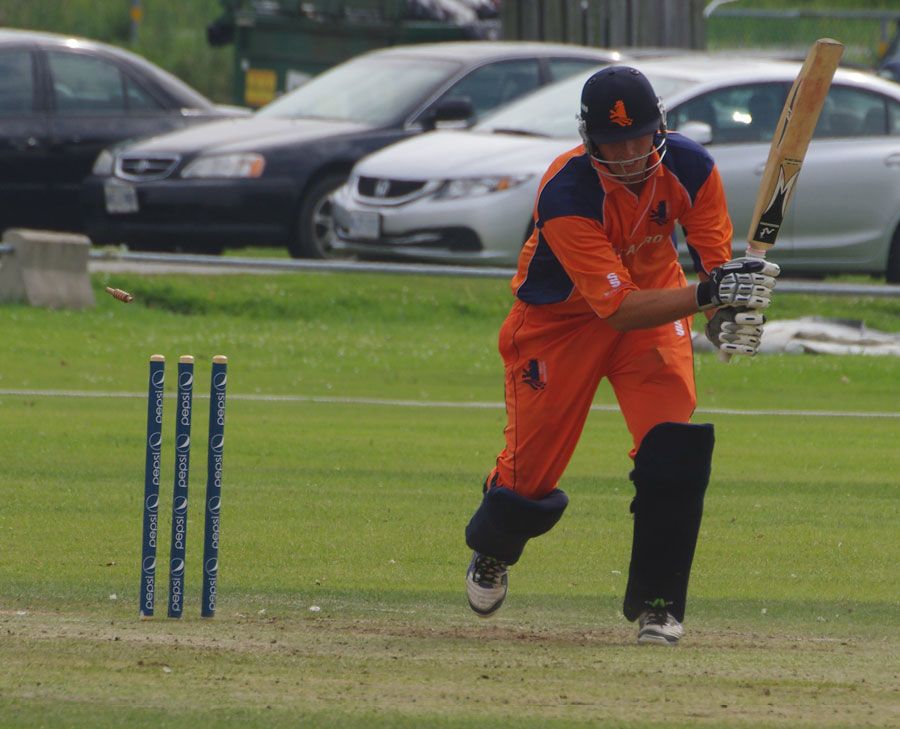 Kenneth Kamyuka castled Daan van Bunge's stumps with his first international delivery for Canada