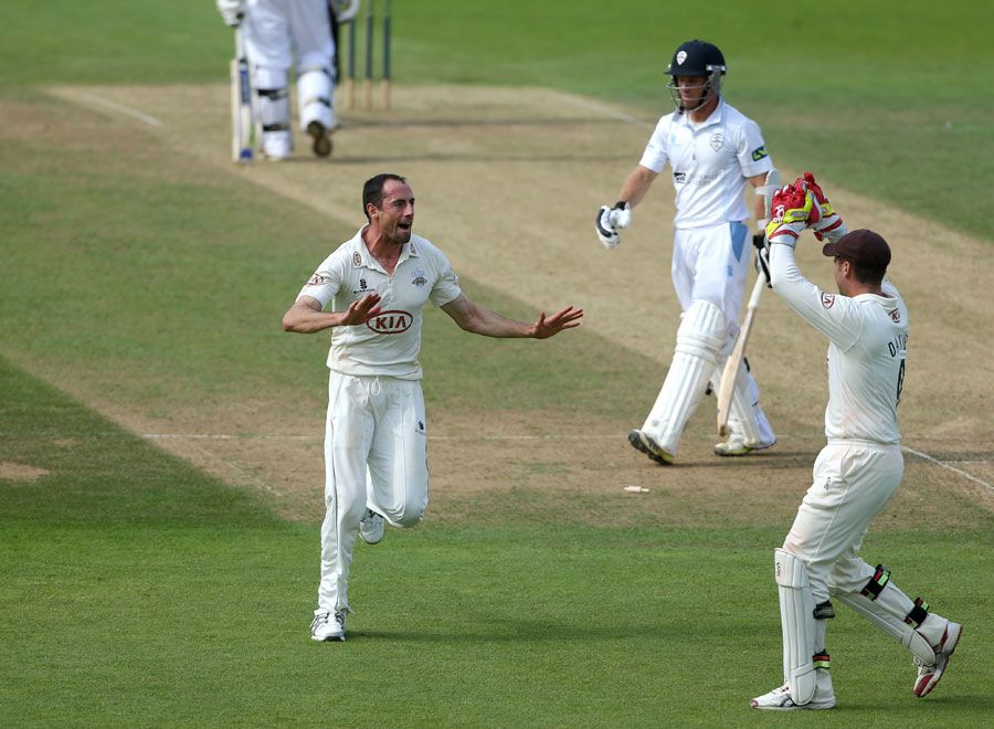 Tim Linley celebrates a wicket