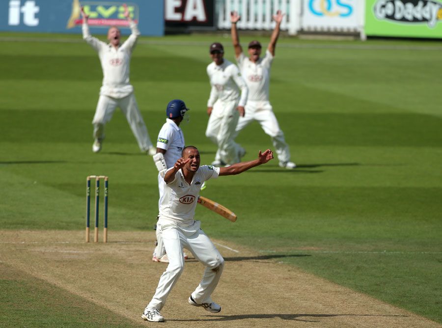 George Edwards appeals successfully for the wicket of Shivnarine Chanderpaul
