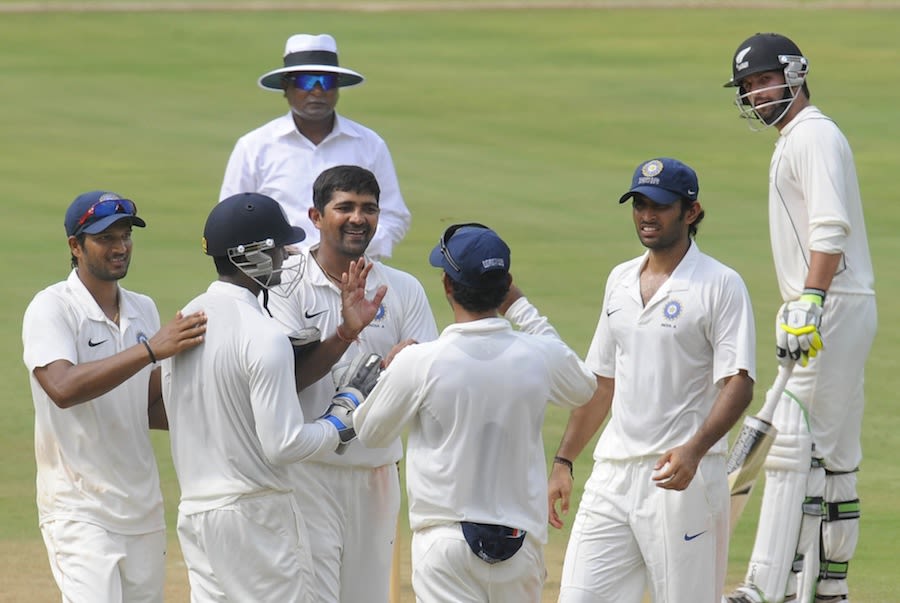 Rakesh Dhurv is congratulated after dismissing Corey Anderson