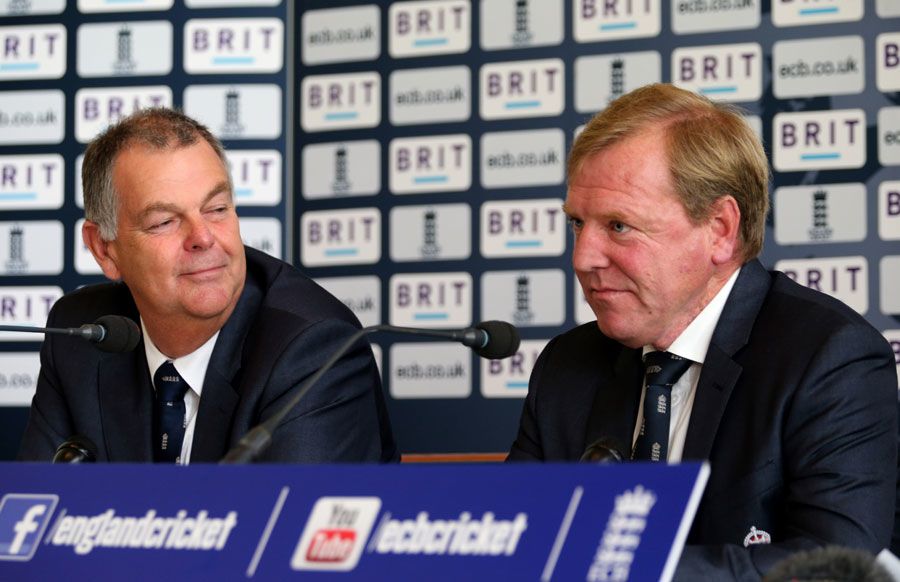 Geoff Miller and Hugh Morris at the announcement of England's Ashes squad