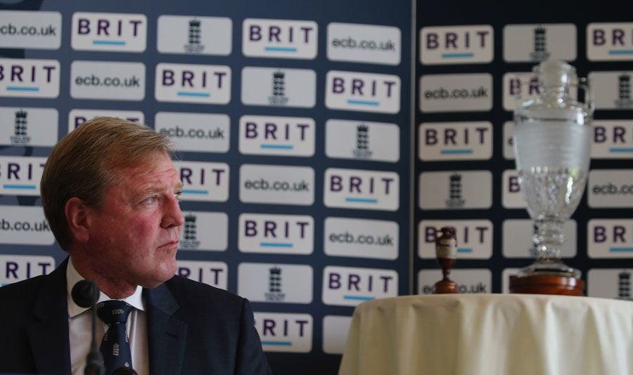 Hugh Morris with the Ashes urn behind him