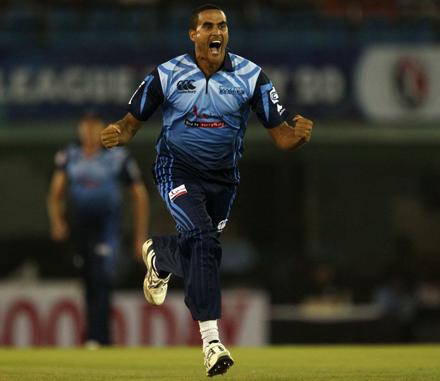 Rowan Richards exults after taking a wicket