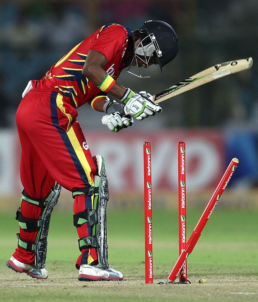 Thami Tsolekile loses his middle stump to James Faulkner