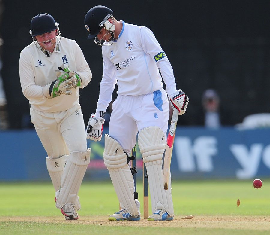 Stuart Poynter watches as Tom Poynton gets bowled