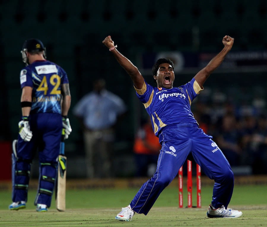 Rahul Shukla celebrates one of his three wickets