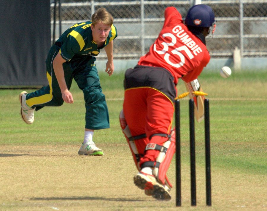 Joylord Gumbie is bowled by Guy Walker