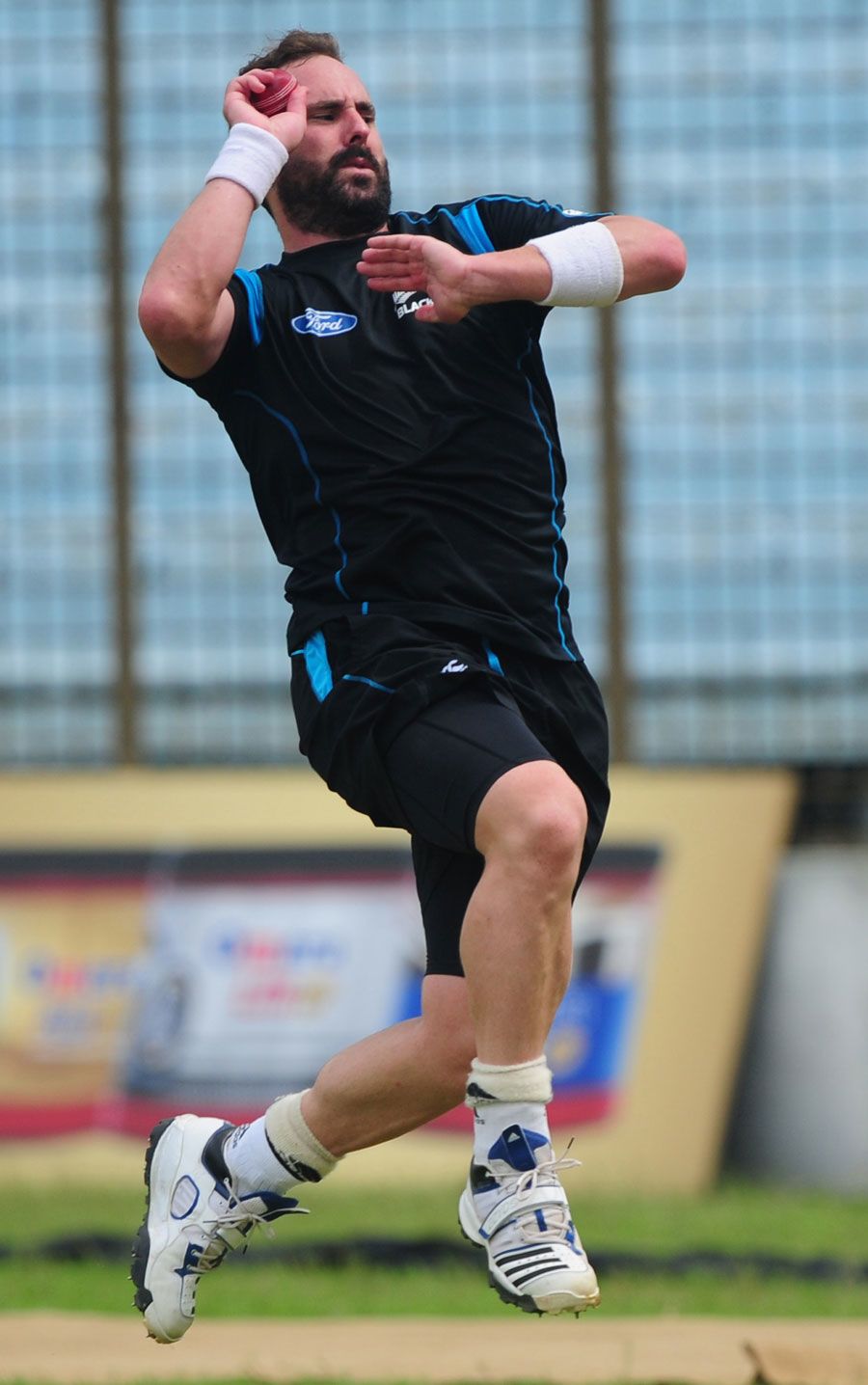 New Zealand pacer Mark Gillespie bowls in the nets