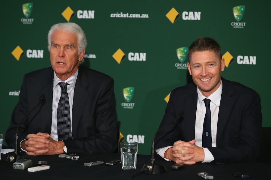 Michael Clarke and John Inverarity at the Ashes squad announcement