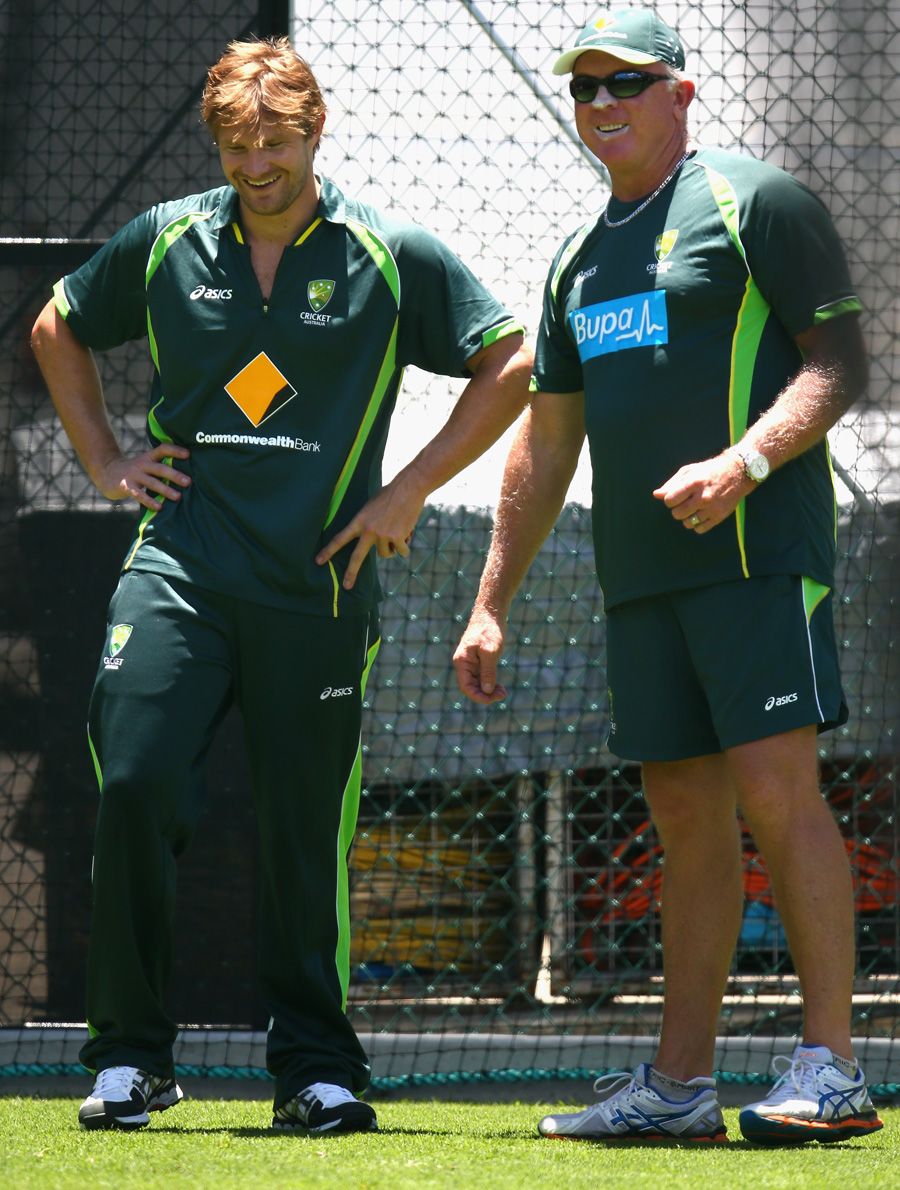 Shane Watson and Craig McDermott at a training session