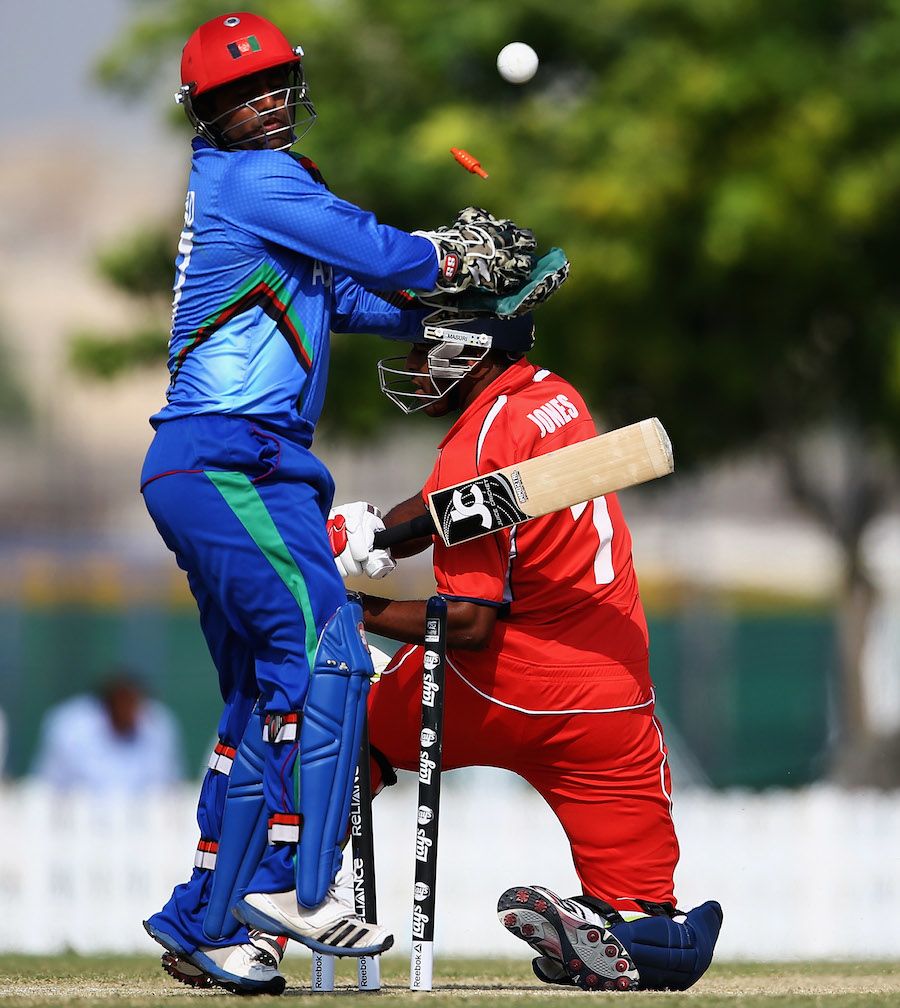Bermuda's Malachi Jones misses the ball to be bowled