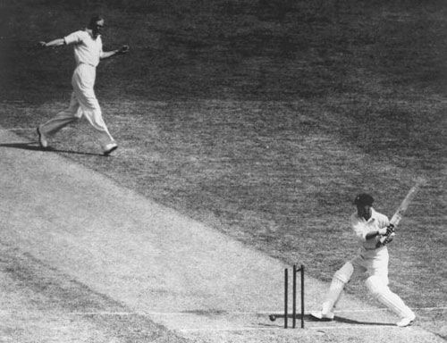 Bill Bowes bowls Don Bradman for 0, 2nd Test, 1932-33