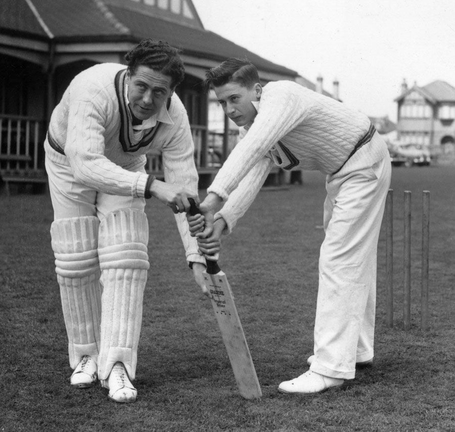Trevor Bailey in the nets at Chelmsford