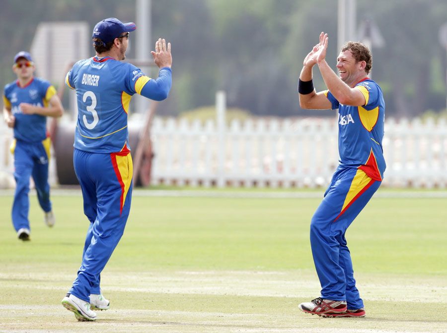 Nicolaas Scholtz and Sarel Burger celebrate a wicket