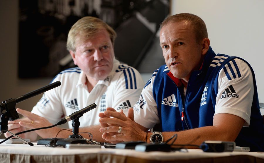 Hugh Morris and Andy Flower address a press conference in Brisbane