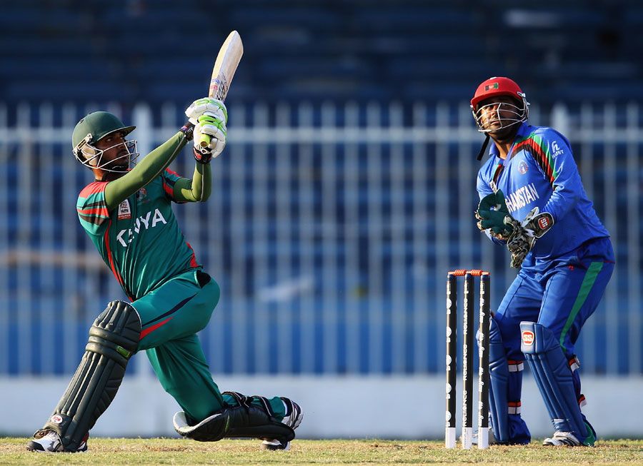 Rakep Patel plays a sweep shot during his innings of 52
