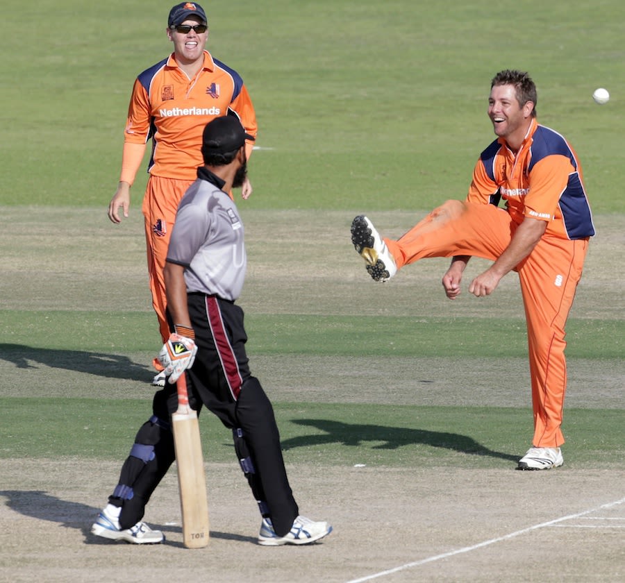 Michael Swart does an unusual celebration after dismissing Rohan Mustafa