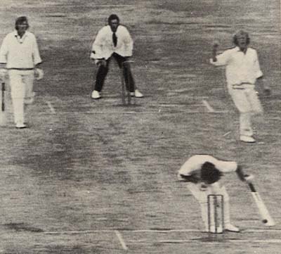 Ewen Chatfield deflects a bouncer from Peter Lever into his temple and collapses. His heart stopped and he was revived by Bernard Thomas, the England physio