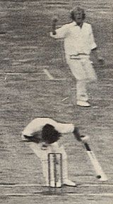 Ewen Chatfield deflects a bouncer from Peter Lever into his temple and collapses. His heart stopped and he was revived by Bernard Thomas, the England physio