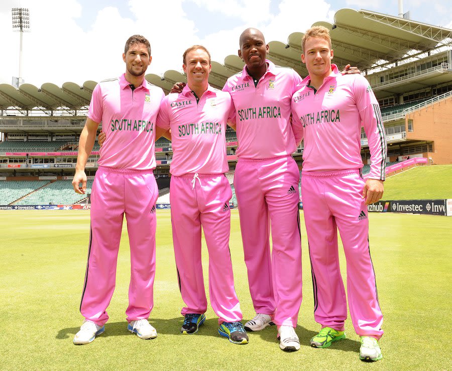 The South African players in their pink kit