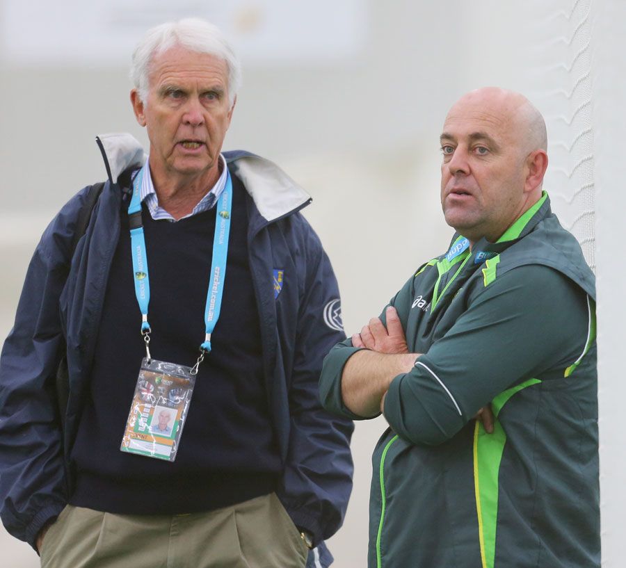 John Inverarity and Darren Lehmann at an Australia training session